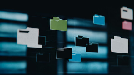Floating Folders on Dark: Digital folders with a variety of colors float against a dark surface, representing data management, file organization, and cloud storage solutions.