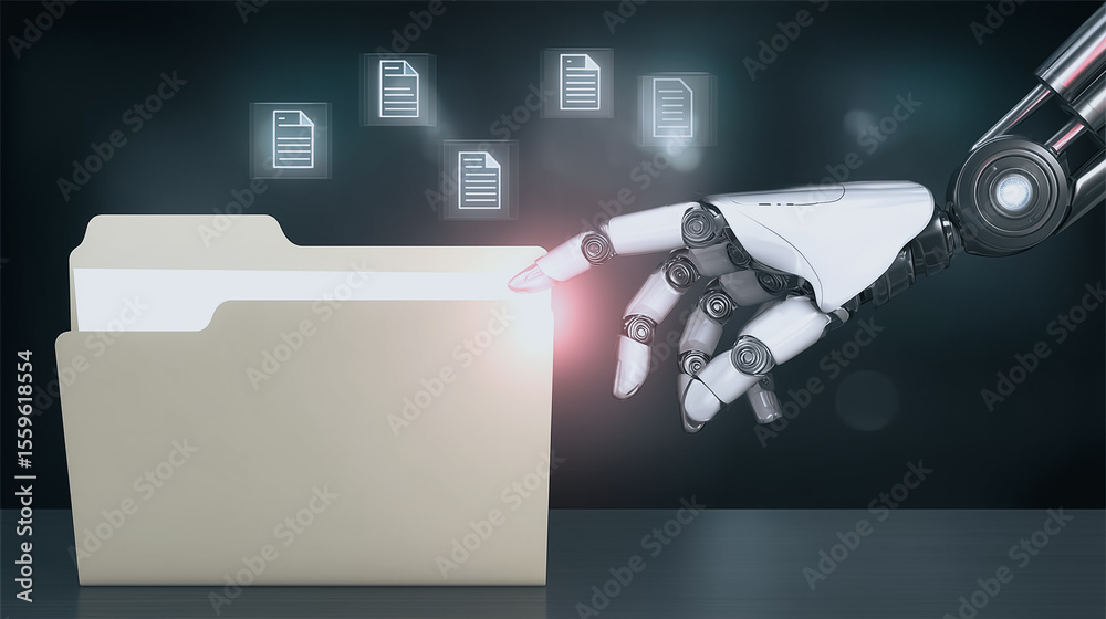 Poster digital data interaction: a futuristic robotic hand interacts with a digital file, symbolizing the i