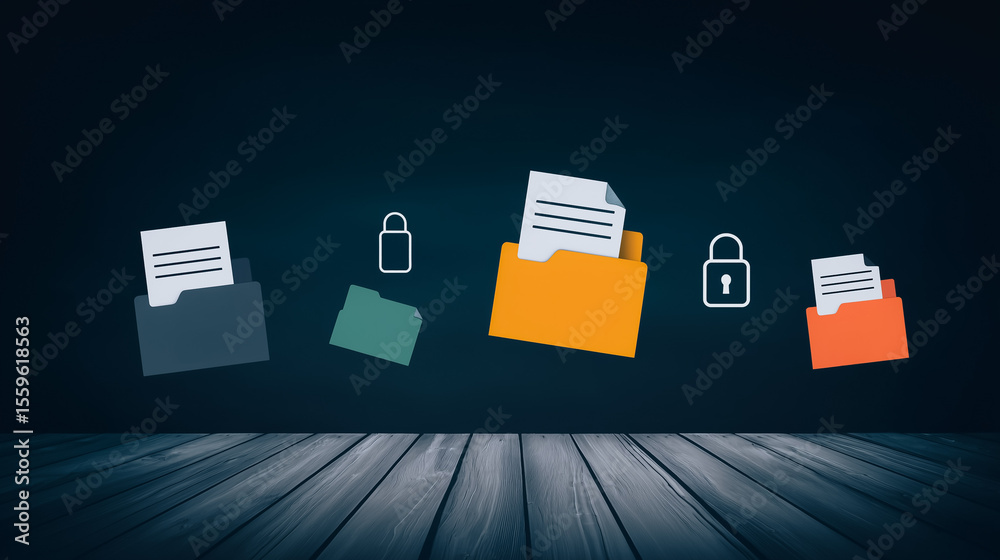 Poster secure digital files: conceptual image of file folders, each with document secured by a padlock, sym