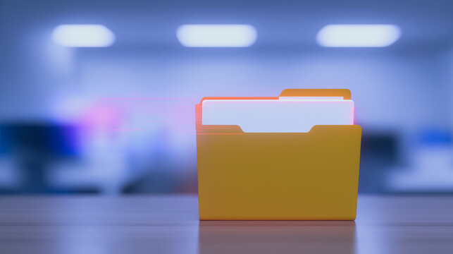 Digital Data and Files: The close-up shot showcases a minimalist image of an open file folder, sitting neatly on a wooden desk, and the background shows blurred office environment.