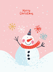 Funny Snowman in scarf and hat for Christmas design, flat cartoon vector illustration, naive childish style. Merry Christmas card.