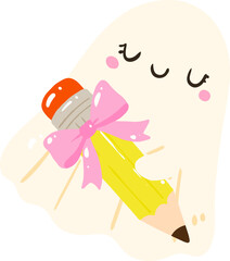 Cute Ghost Hugging Yellow Pencil Illustration with Pink Bow


