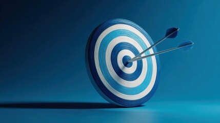 Blue and white target with two arrows in the center on a blue background studio shot