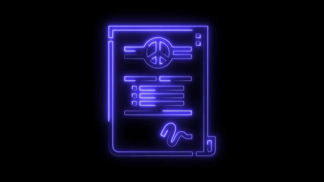 Neon peace agreement symbol on document with signature in a scifi interface style