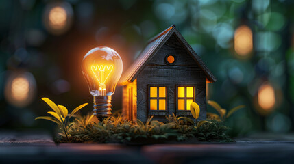 Green Home Energy: Miniature home and Light Bulb showcase concept energy efficiency, sustainability, and the promise of a bright, eco-friendly future.