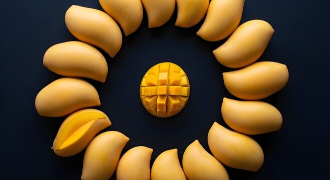 Spiral Mango Composition, Abstract Fruit Art, Golden Ratio Design, Creative Food Arrangement, Dark Background Contrast mengo dayc