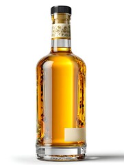 An elegant glass bottle filled with amber liquid stands against a stark white background in a studio setting.