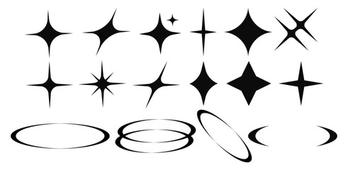 Set of stylized starbursts, sparkles, and ring elements for decoration