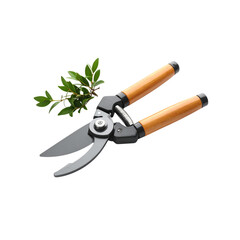 Steel gardening tools with wooden handles, including a shovel, trowel, and scissors, isolated on a white background