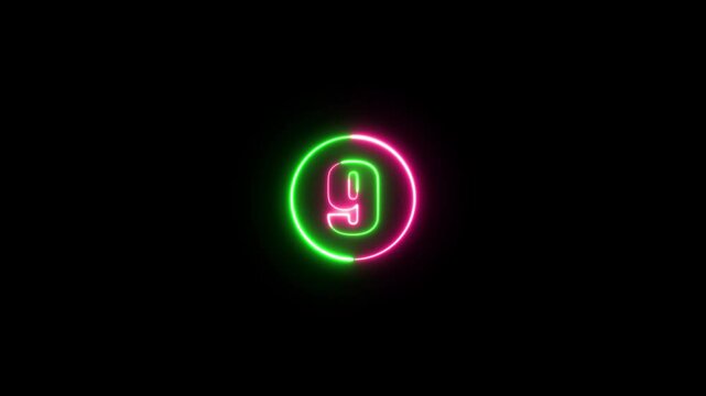 Glowing neon circle and number 9 animation on a black background. Abstract glowing neon number "9'' animation.