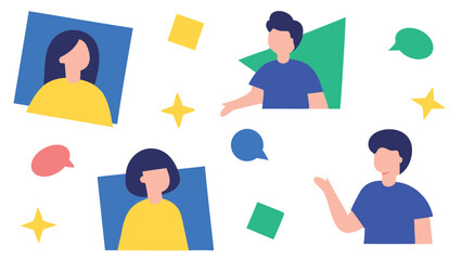 Illustration of four individuals in frames with speech bubbles and geometric shapes scattered around them