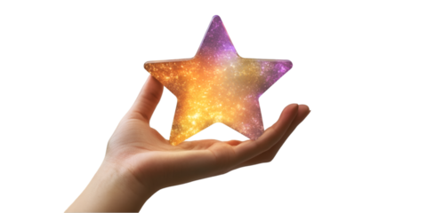 Hand Holding Glowing Gradient Star Isolated on Transparent Background for Conceptual and Inspirational Design