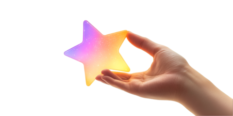 Hand Holding Glowing Gradient Star Isolated on Transparent Background for Conceptual and Inspirational Design