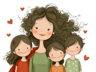 A loving mother stands surrounded by her three happy children under floating hearts in an illustration art.