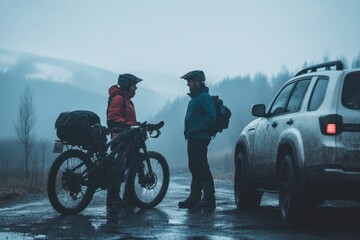 Friendly moment between two bikers gearing up beside SUV on chilly morning