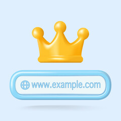 Vector illustration showing a golden crown above a web browser address bar with a sample domain, symbolizing internet authority.
