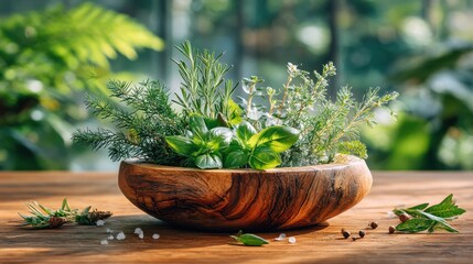 Wooden bowl filled with fresh herbs