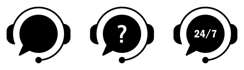Vector icons of customer support headsets with chat bubbles. Includes plain, question mark, and 24/7 text variations. Perfect for contact, help, and service concepts.