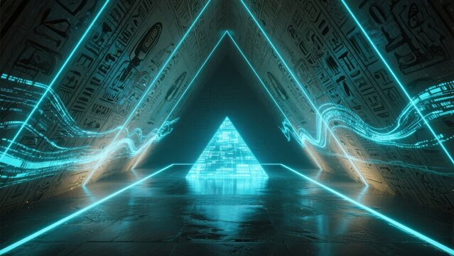 Neon-lit futuristic corridor with a glowing pyramid at the end, surrounded by intricate wall patterns.