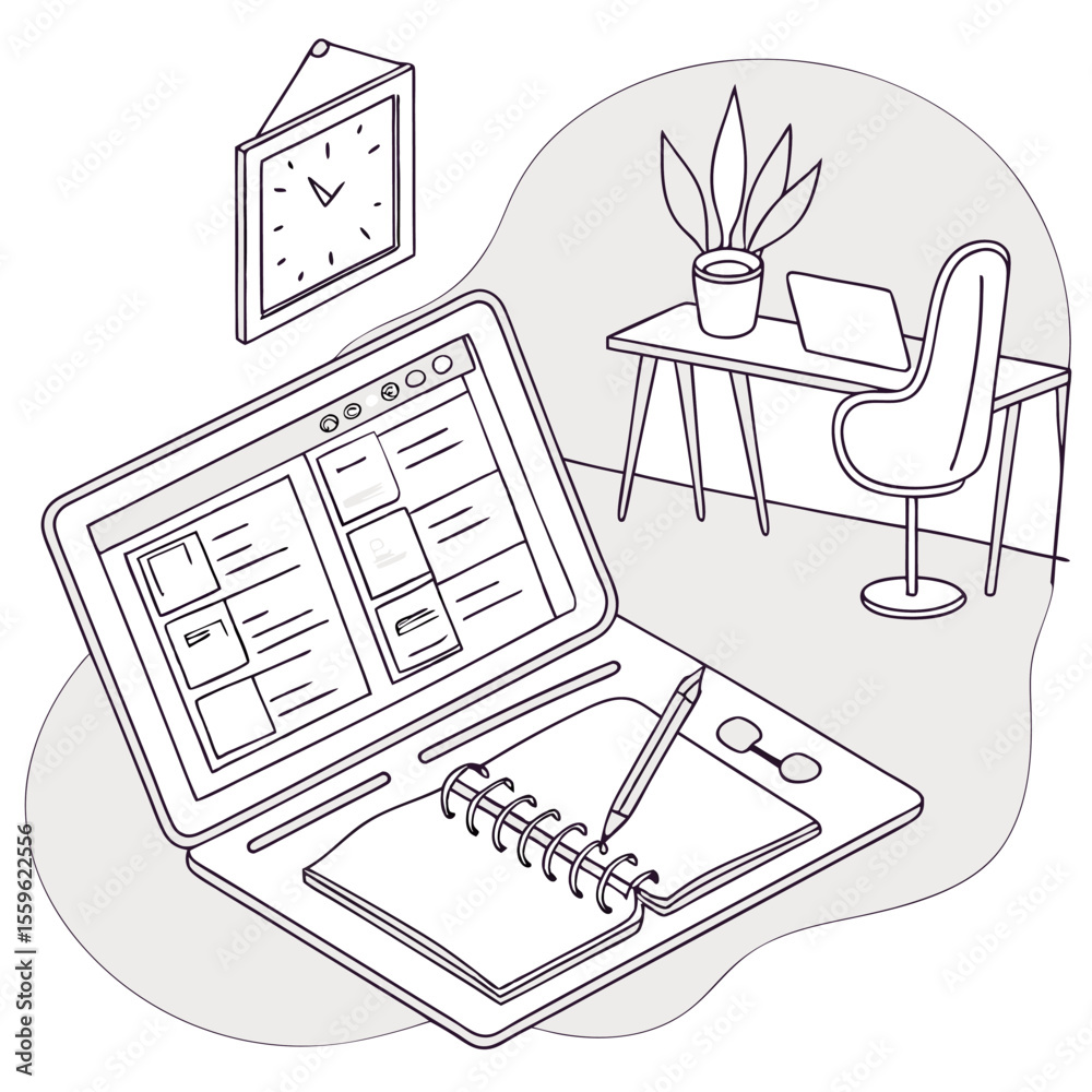 Poster modern home office setup with a laptop displaying a grid of content a notebook and pen a desk with a