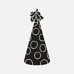 A festive black party hat with white polka dots and a decorative bow on top rendered in a clean silhouette style And Adobe Illustrator Artwork