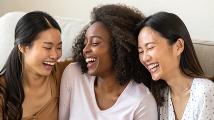 Three Diverse Women Sharing Laughter in Natural Moment Celebrating Friendship and Representation
