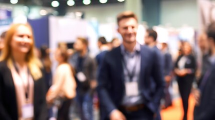 Blurred business people at a convention hall.