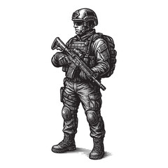 Obraz premium Military Soldier Vector Engraving Illustration