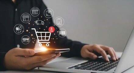 Online Shopping Icons Around Cart Notification Above Smartphone with Laptop