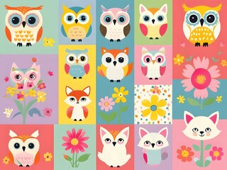 Fototapeta premium A whimsical collage featuring various owls, foxes, and flowers in bright, cheerful colors