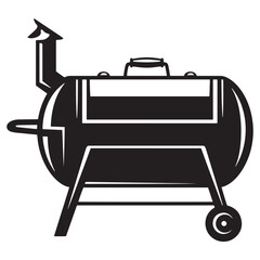 Black and white vector illustration of a smoker grill for outdoor cooking and barbecue