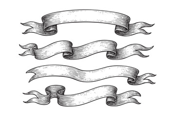 Vintage Scroll Ribbons banner Vector Engraving Set

