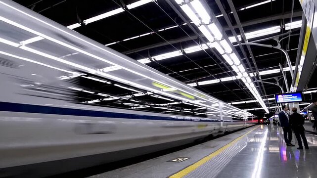 Highspeed train passing through modern station captured in motion blur