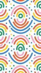 Rainbow Arcs: A vibrant, repeating pattern composed of colorful rainbow arcs and dotted circles, offering a cheerful and playful visual element for design and decoration.