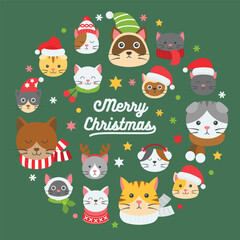 Christmas cats circle cute festive cartoon cat faces in hats  scarves surround Merry Christmas on green
