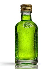 A small glass bottle filled with bright green liquid stands on a white surface with a reflective effect.