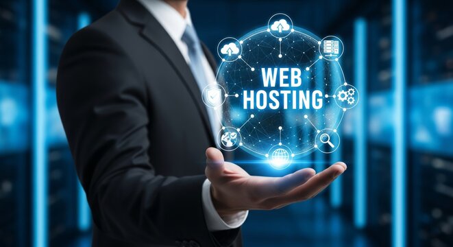 Web Hosting Technology Hologram with Big Blue Icons in Businessman Hand