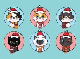Six cartoon cat heads wearing Santa hats and scarves arranged in a 2x3 grid on a blue background