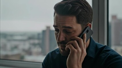 A worried businessman talks on his mobile phone while standing by a window overlooking a city building - Powered by Adobe