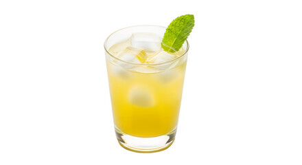 A glass filled with yellow liquid, ice, and a mint garnish on transparent background
