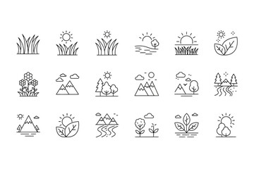 Nature and Landscape Icon Set Thin Line Style. Vector Minimalist Graphics Pack