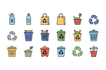 Recycling Icons Set Flat Design Style Showing Waste Management Concept