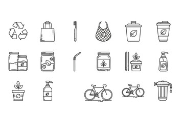Zero Waste Outline Icon Set for Eco Friendly Lifestyle