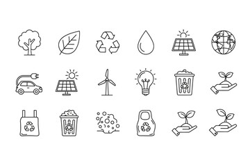 Eco-Friendly Line Icons Set Renewable Energy and Sustainability Concept