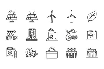Renewable Energy Icons Collection Sustainable Power Line Art