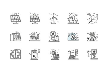 Diverse Energy Source Icons Clean Line Art Collection