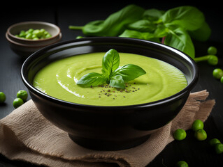 Bowl of green pea soup garnished with basil leaves on a linen napkin dark