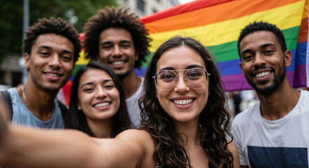 Obraz premium Selfie portrait of a group of lgbt mixed friends celebrating the gay pride parade with the rainbow flag.