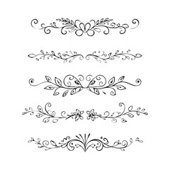 Obraz premium Gold text dividers doodle set. Wedding decorative elements. Divider ornament, borders, floral, vintage line separators. Hand drawn vector illustration isolated on white background. Set page dividers. 