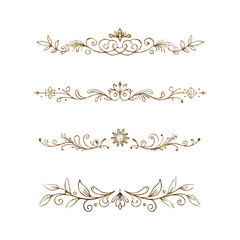Gold text dividers doodle set. Wedding decorative elements. Divider ornament, borders, floral, vintage line separators. Hand drawn vector illustration isolated on white background. Set page dividers.
